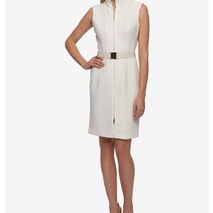 Sleeveless White Zip-Front Sheath Dress with Belt